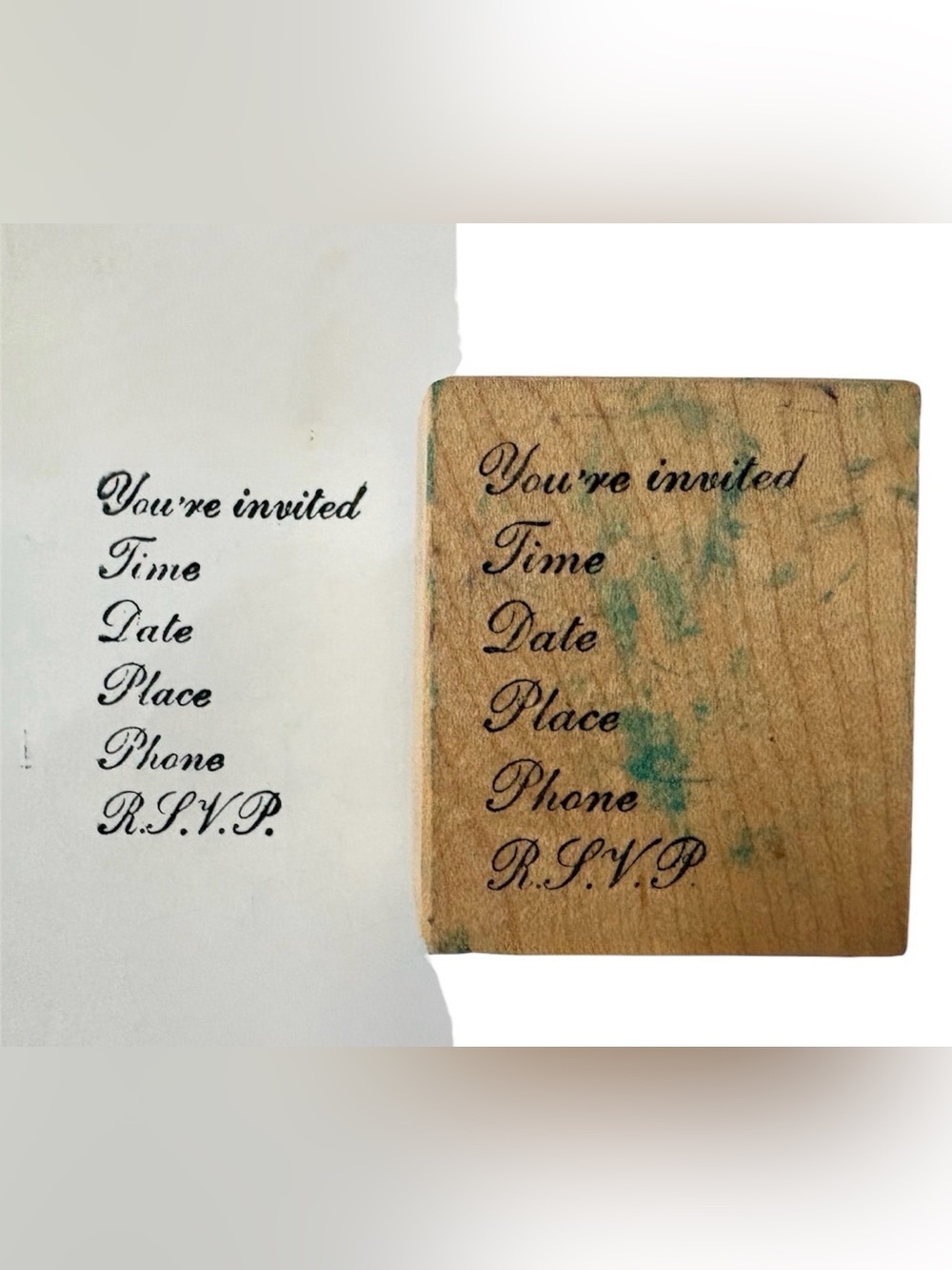 Scripted Invitation Rubber Stamp - Black Script on Natural Wood